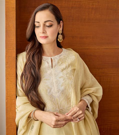 Dia Mirza in Beige Patchwork & Embroidered Chanderi Suit Set – Tulsi Online