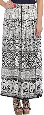 Exotic India White and Black Long Skirt with Printed Elephants on ...