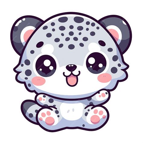 Chibi cute kawaii drawing of a snow leopard cartoon with a black nose ...