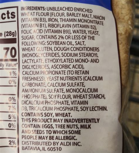 White Bread Nutrition Label