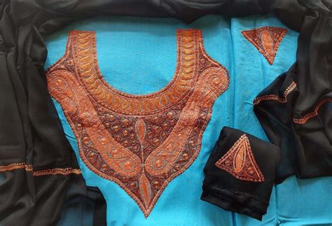 Blue colour kashmiri tilla aari work salwar kameez exclusive neckline