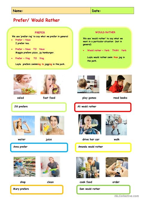 Prefer & Would Rather general gramma…: English ESL worksheets pdf & doc
