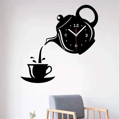 Creative Teapot Kettle Wall Clock, 3d Acrylic Coffee Tea Cup 22cm Black ...