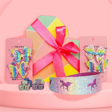 Magical Unicorn Gift Box with 1 Flat Hair Band, 4 Hair Bow Pins & 4 Mi ...