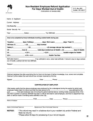 Fillable Online city of dublin oh non resident employee refund ...