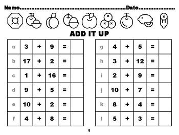 Fruits 100, First Grade Addition upto 20 Worksheets school resource by ...