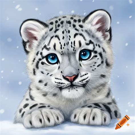 A cute snow leopard cub with bright blue eyes resting in the snow. on ...