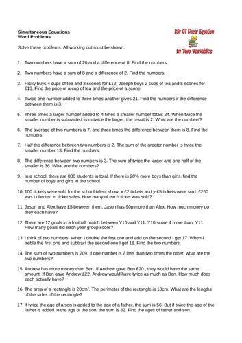 Word Problems Using Simultaneous Equations 的图像结果