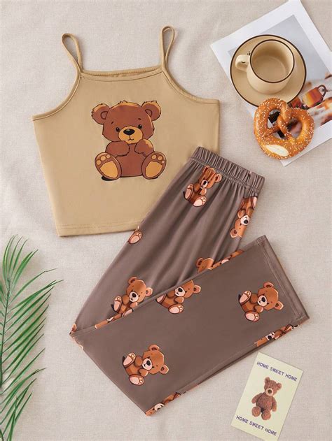 Girl Suspender Fashion Teddy Bear Sleepwear Two-Piece Set, Brown Cute ...