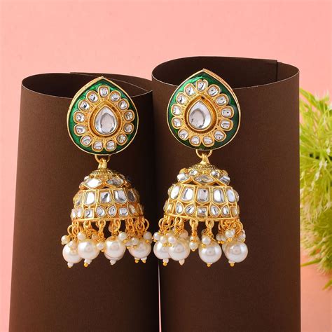 Beautiful White Color Meena Work Kundan Earrings Crafted with Handmade ...