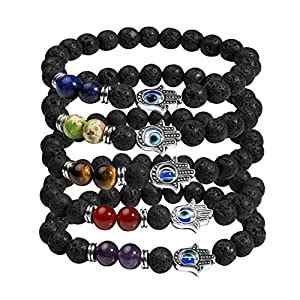 Buy MILAKOO 5 Pcs 7 Chakra Lava Rock Hamsa Hand Evil Eye Beads Bracelet ...