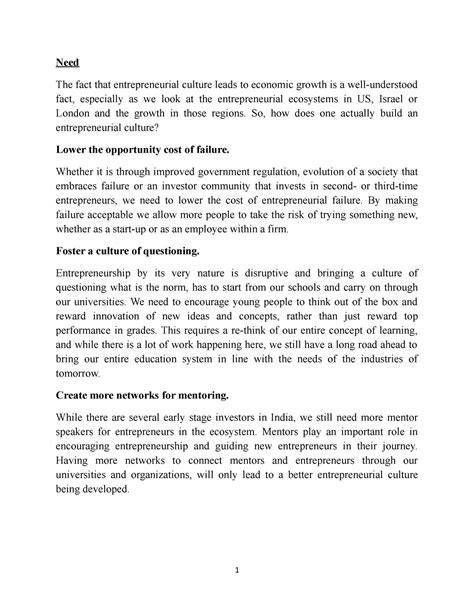 Need for entrepreneurial culture in India - Need The fact that ...