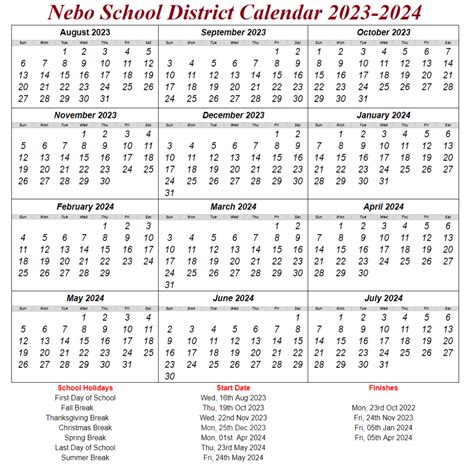 Nebo District School Calendar 2024-2025 With Holidays