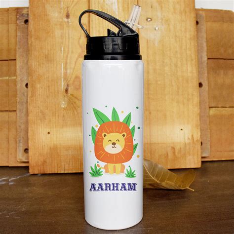 Personalised Sipper Water Bottle with Lion Illustration - Customize Bo ...