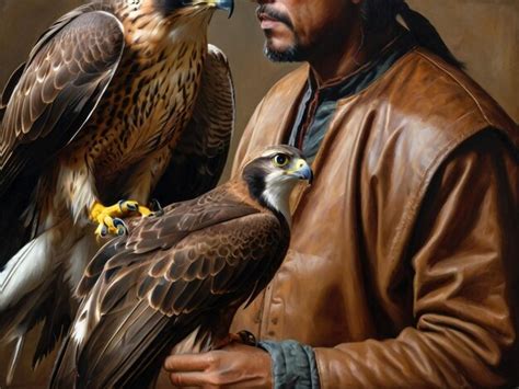 Man holding a falcon, in the centre of a group of people
