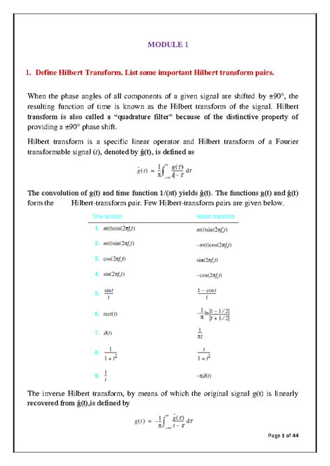 DC module 1 - notes - MODULE 1 Define Hilbert Transform. List some ...