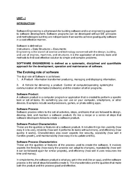 SE unit 1 College - UNIT - I INTRODUCTION: Software Engineering is a ...