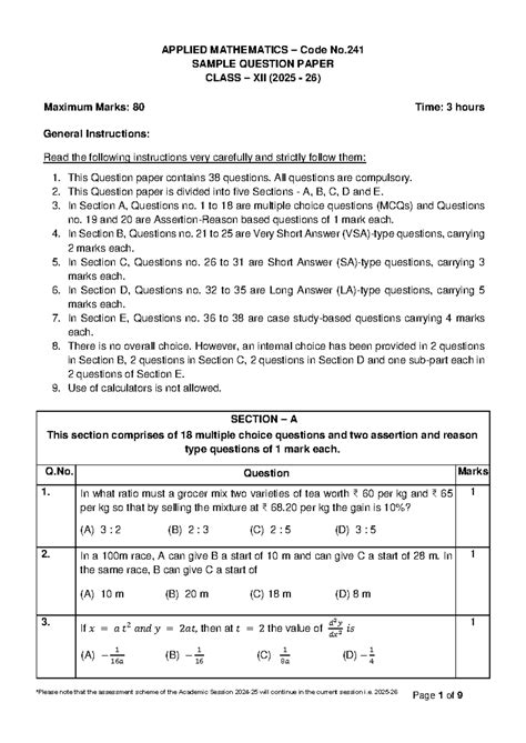 APPLIED MATHEMATICS Code No. 241 SAMPLE QUESTION PAPER CLASS XII (2025 ...