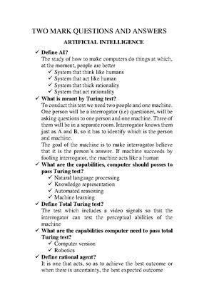 TWO MARK Questions AND Answers AI 2 - TWO MARK QUESTIONS AND ANSWERS ...