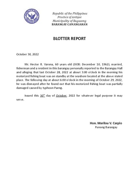 Blotter Report on Motorboat Damage - Hector R. Varona Final - Studocu