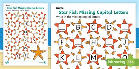 Starfish Missing Capital Letters Worksheet | Twinkl | KS1