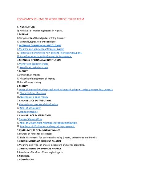 Economics Scheme OF WORK - ECONOMICS SCHEME OF WORK FOR SS1 THIRD TERM 1. AGRICULTURE i ...