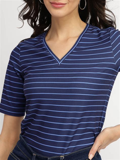 Striped V-Neck T-Shirt - Navy Blue