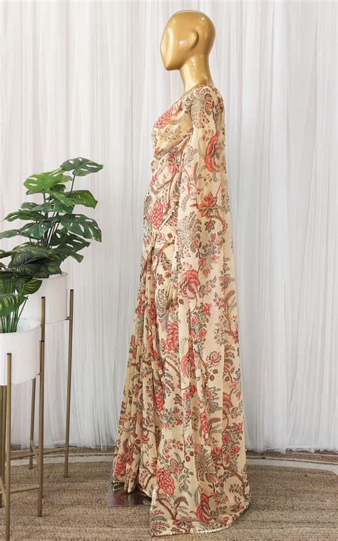 Beige Floral Georgette Saree with Mukaish Blouse