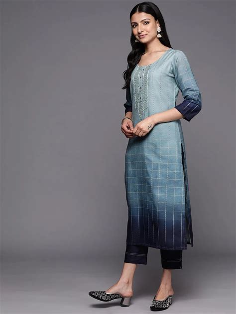 Buy Blue Embroidered Silk Blend Straight Kurta With Trousers & Dupatta ...