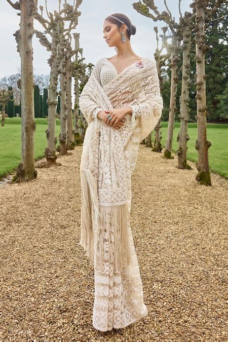 Buy Beige Net Pearls, Sequins, Embroidery Plunge Neck Stripe Saree With ...