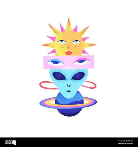 Space psychedelic composition of alien head, planet, sun, woman eyes ...