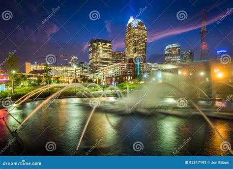 Fountains and the Charlotte Skyline at First Ward Park at Night, in ...
