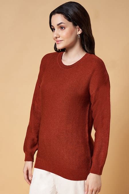 Rust Self Design Winterwear Full Sleeves Round Neck Women Regular Fit ...