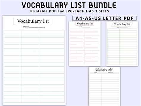 Printable Vocabulary List Bundle, Vocabulary Set Printable ...