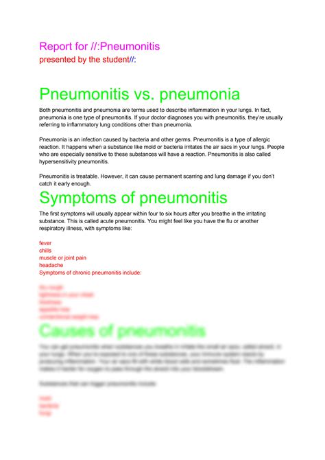 SOLUTION: Pneumonitis vs pneumonia - Studypool