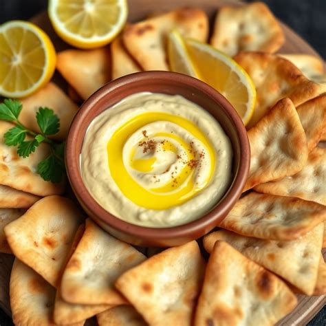 Zesty Lemon Hummus with Pita Chips Recipe | cookAIfood
