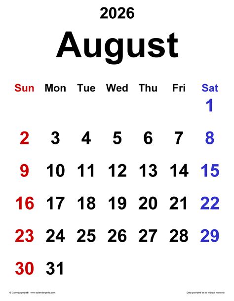 August 2026 Calendar | Templates for PDF, Excel and Word