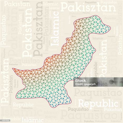 Pakistan Map Design Country Names In Different Languages And Map Shape With Geometric Low Poly ...