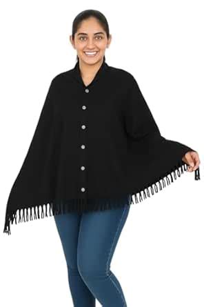 LENAM Cotton Nursing Cover Poncho With Button Closure, Black Fringe ...