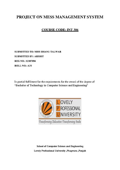 Mess Management System Project Overview - INT 306 - Studocu