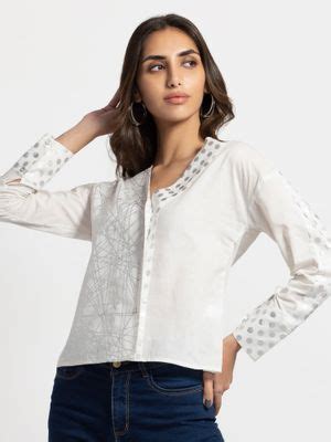 Buy SHAYE Collarless White Geometric Print Long Sleeves Casual Shirt ...