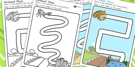 Minibeasts Pencil Control Path Worksheets - fine motor skills