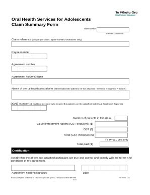 Oral Health Services for Adolescents Claim Summary Doc Template | pdfFiller
