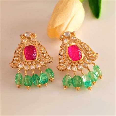 Pure Silver Handmade Carved Ruby Moissanite Polki Studs – Enumu