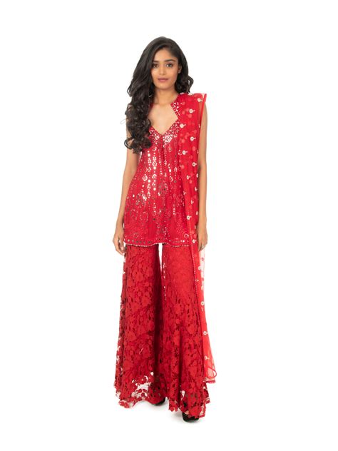 Red Mirrorwork Sharara Set – Monisha Jaising