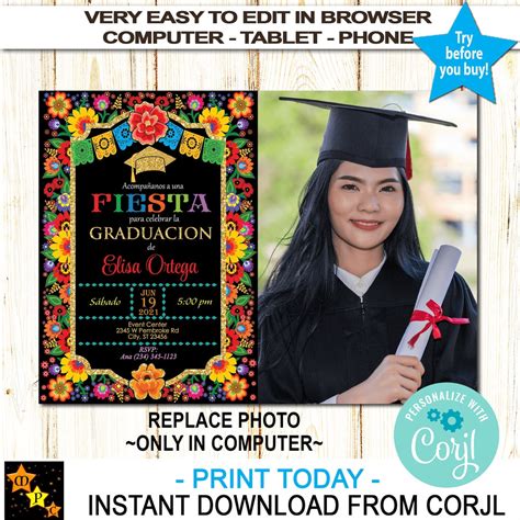 Fiesta Graduation Photo Invitation: Spanish Mexican Theme (digital ...