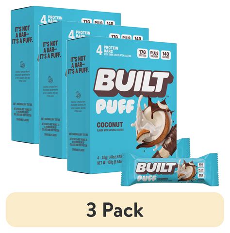 (3 pack) BUILT Puff Protein Bar, Coconut, 17g Protein, Collagen, 140 ...