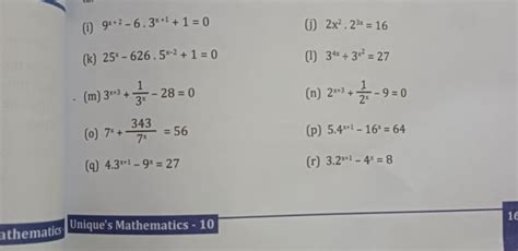 Solve the following equations: (i) 9^(x+2) - 6 * 3^(x+1) + 1 = 0 (j) 2^(..