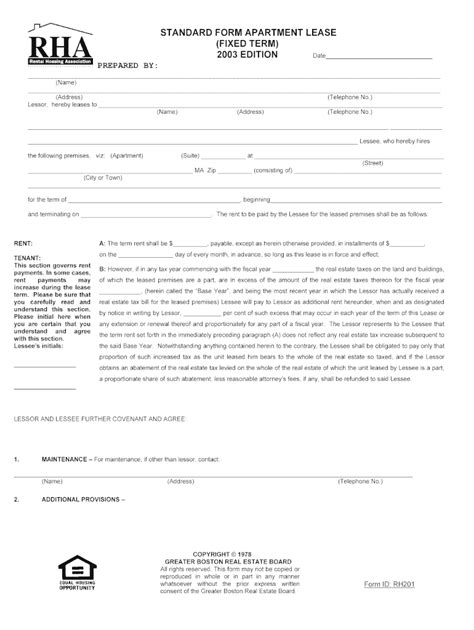 Standard Form Apartment Lease (Fixed Term) - Blank Fillable Template ...