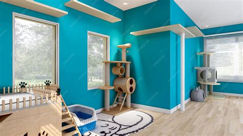 Premium Photo | Cat's room interior in blue wall with cat house and cat ...